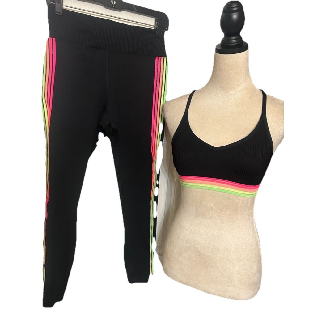 Victoria Secret PINK Ultimate Black Rainbow Stripe Bra Legging Workout Set S/M